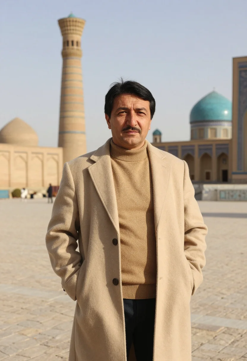 AI bukhara historian sand brick minaret sample — portrait of a man, a Kazakh historian in his late forties wi
