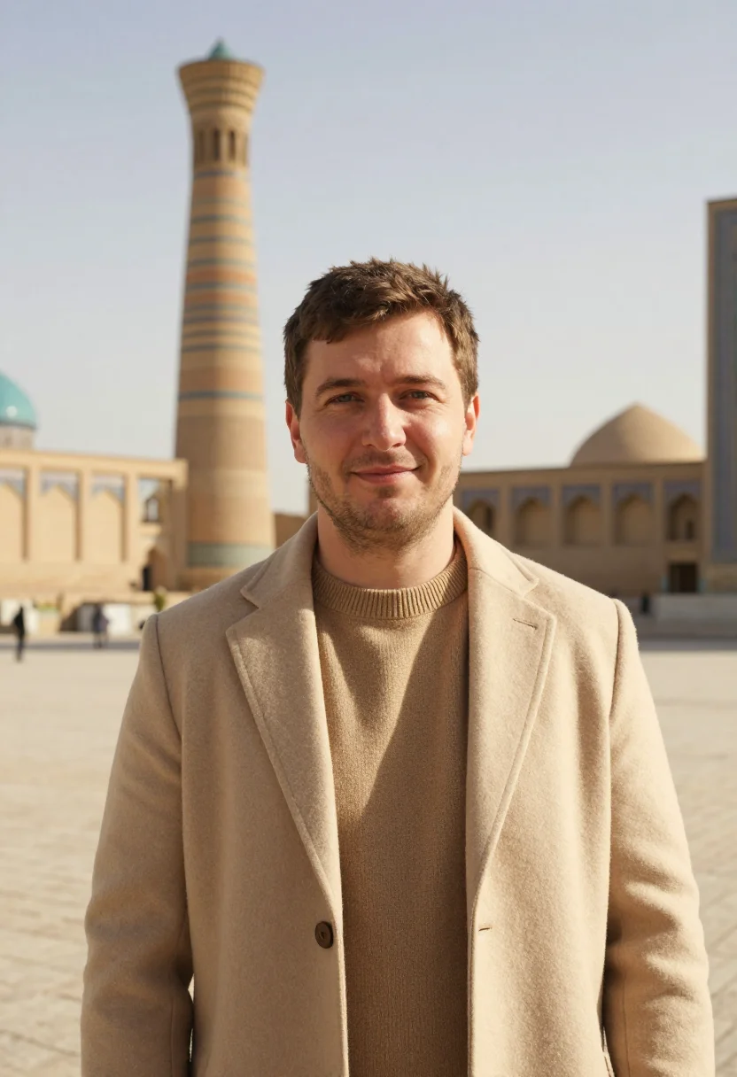 AI bukhara historian sand brick minaret sample — portrait of a man, a Western European historian in his early