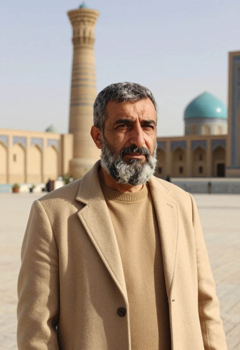 AI bukhara historian sand brick minaret sample — portrait of a man, an Iranian historian in his mid-fifties w