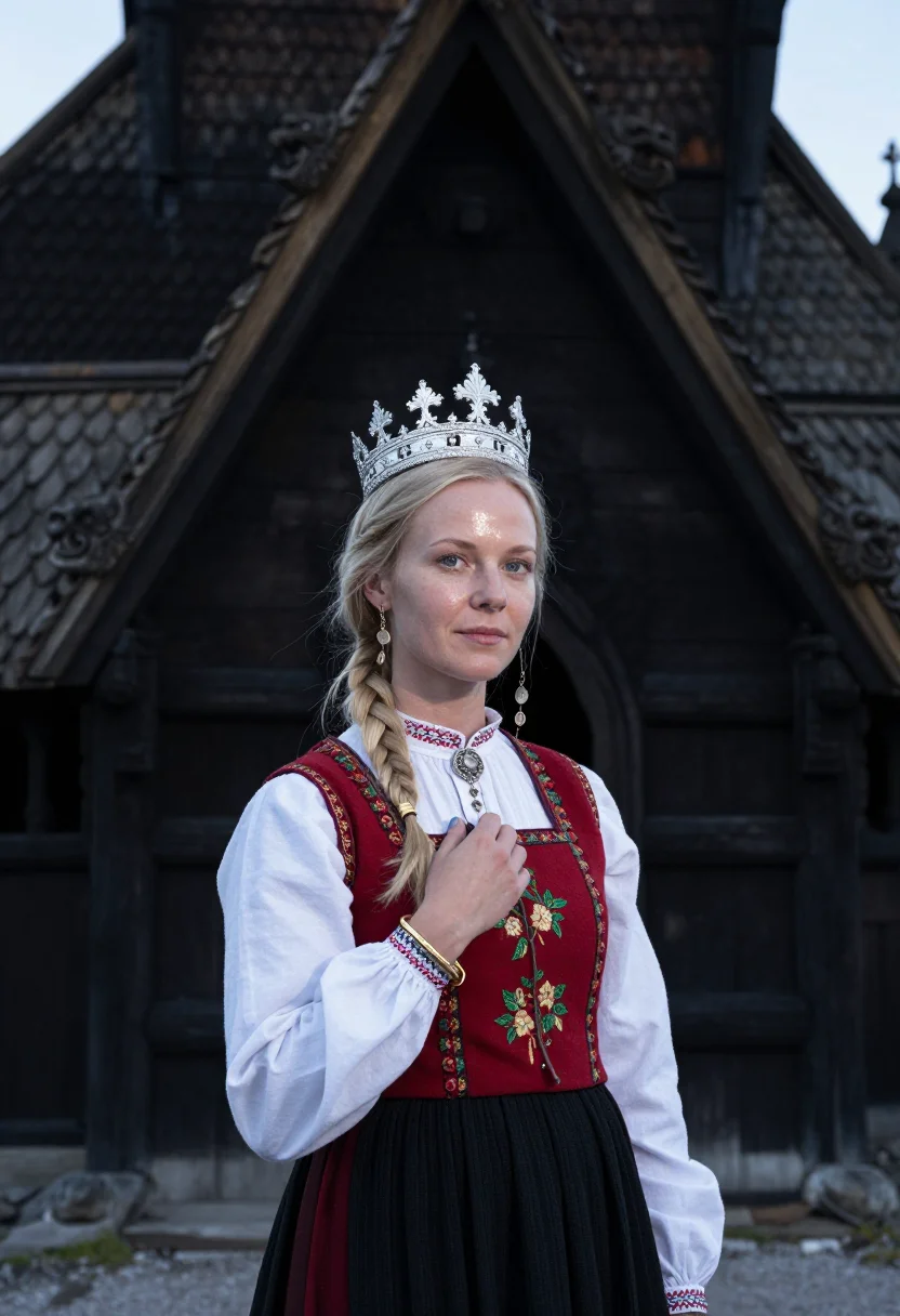 AI bunad bride sample — portrait of a woman, chest-up portrait of a Norwegian woman