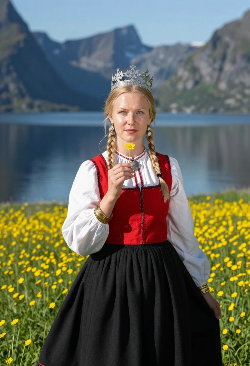 AI bunad bride sample — portrait of a woman, chest-up portrait of a Norwegian woman