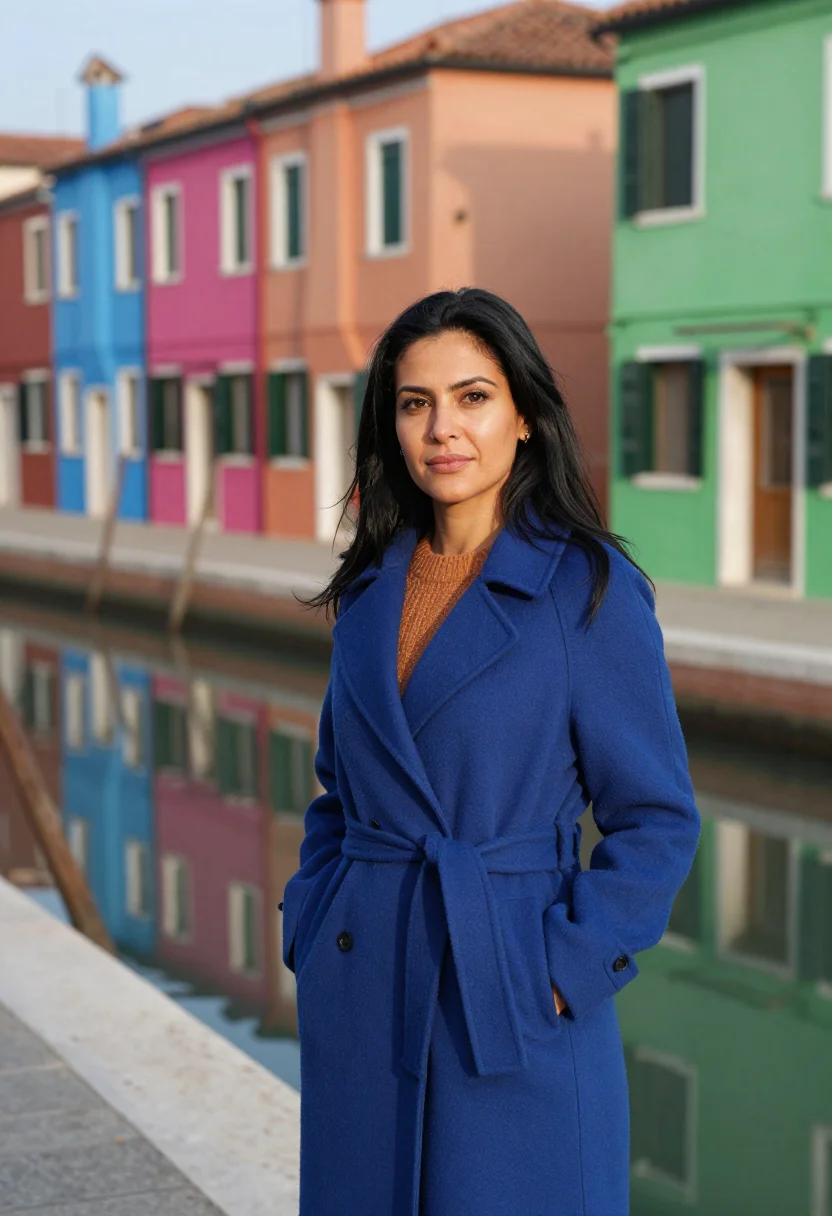 AI burano palette sample — portrait of a woman, framed chest-up from the ribs, the body