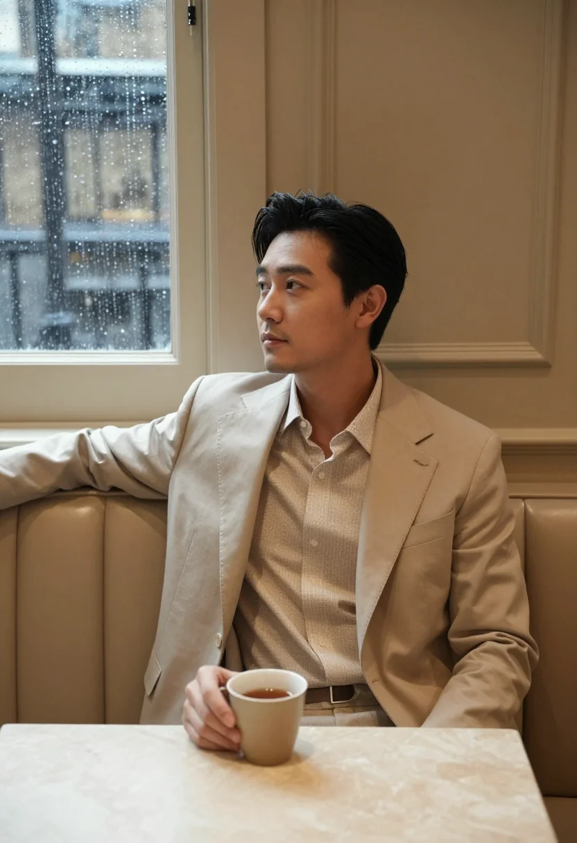 AI burberry beige sample — portrait of a man, waist-up portrait of an East-Asian man in