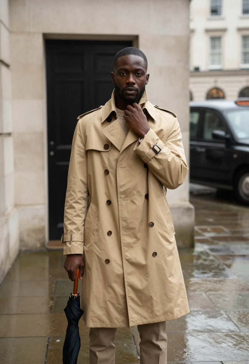 AI burberry beige sample — portrait of a man, waist-up portrait of a Black British man