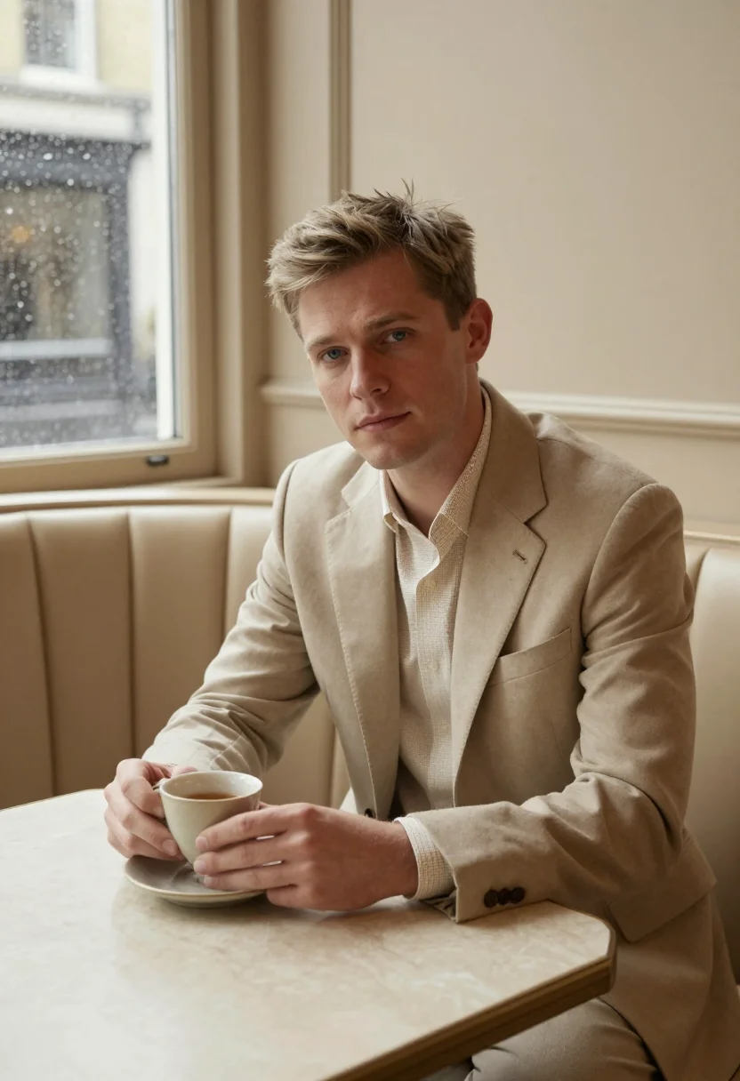 AI burberry beige sample — portrait of a man, close half-length portrait of a Western-E
