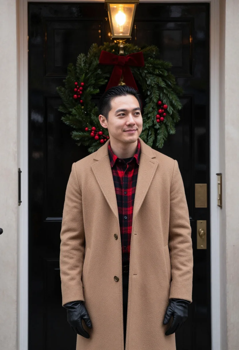 AI burberry festive sample — waist-up portrait of an East-Asian man in his thirties with