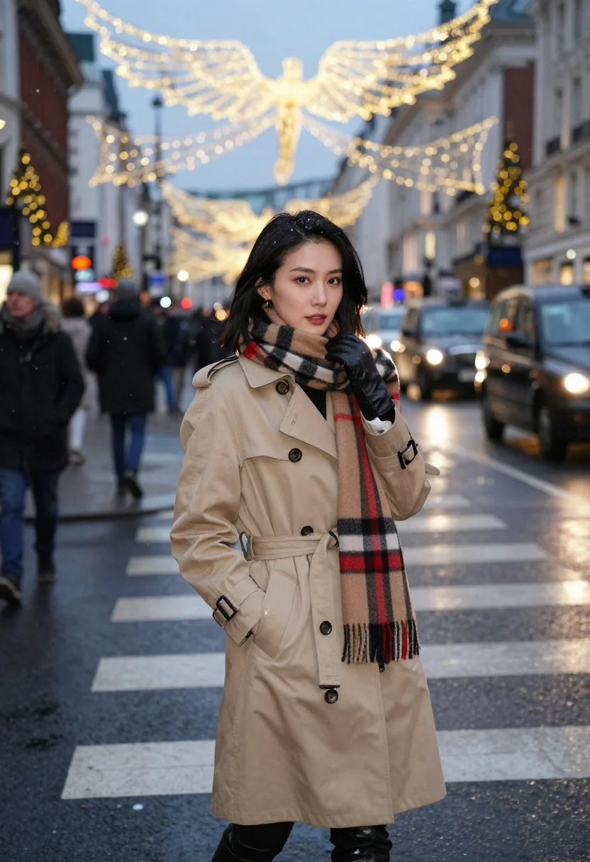 AI burberry festive sample — waist-up portrait of an East-Asian woman in her twenties wit