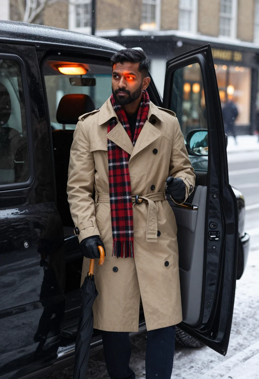 AI burberry festive sample — three-quarter-length portrait of a South-Asian man in his th