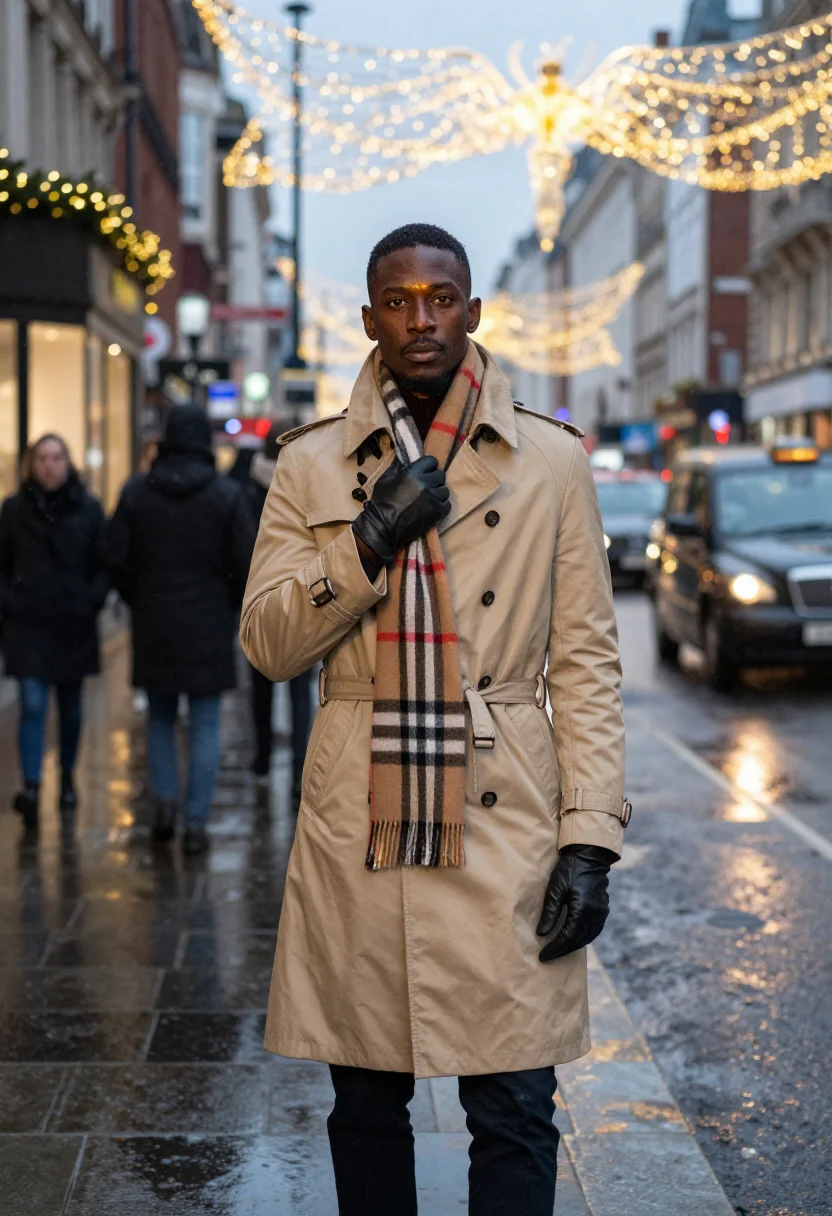 AI burberry festive sample — three-quarter-length portrait of a Black British man in his