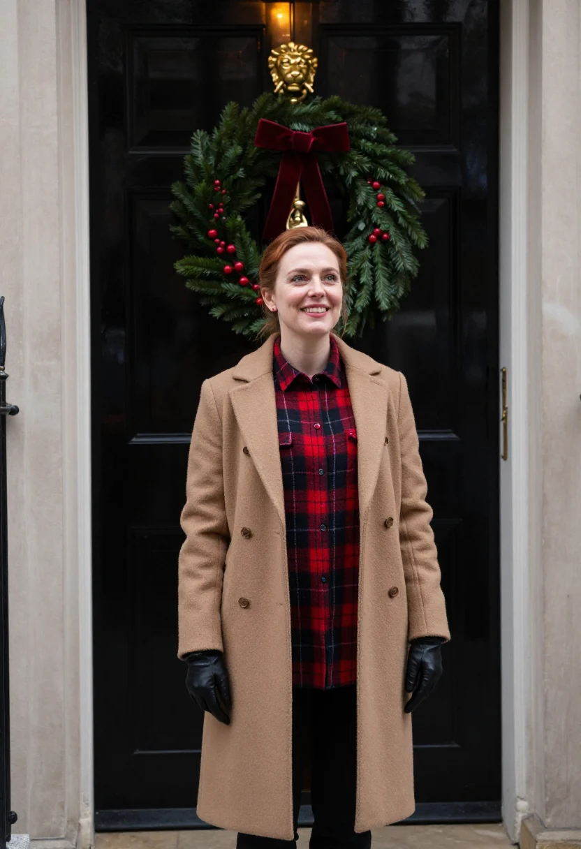 AI burberry festive sample — three-quarter-length portrait of a Western-European woman in
