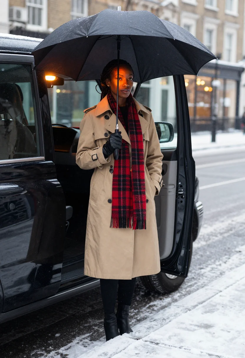 AI burberry festive sample — full-length portrait of a Black British woman in her twentie