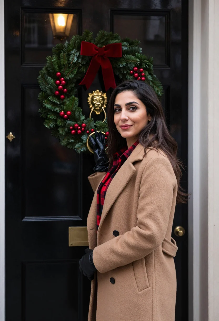 AI burberry festive sample — close portrait of a Middle-Eastern woman in her thirties wit