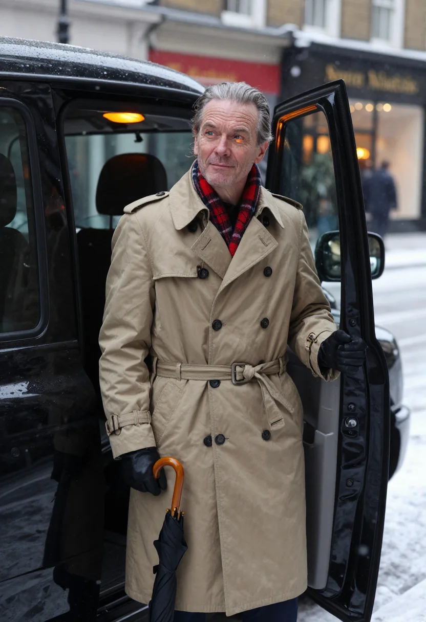 AI burberry festive sample — waist-up portrait of a Western-European man in his fifties w