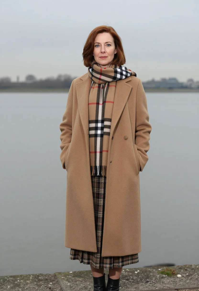 AI burberry thames estuary nova check palette sample — portrait of a woman, an English woman in her mid-forties wit