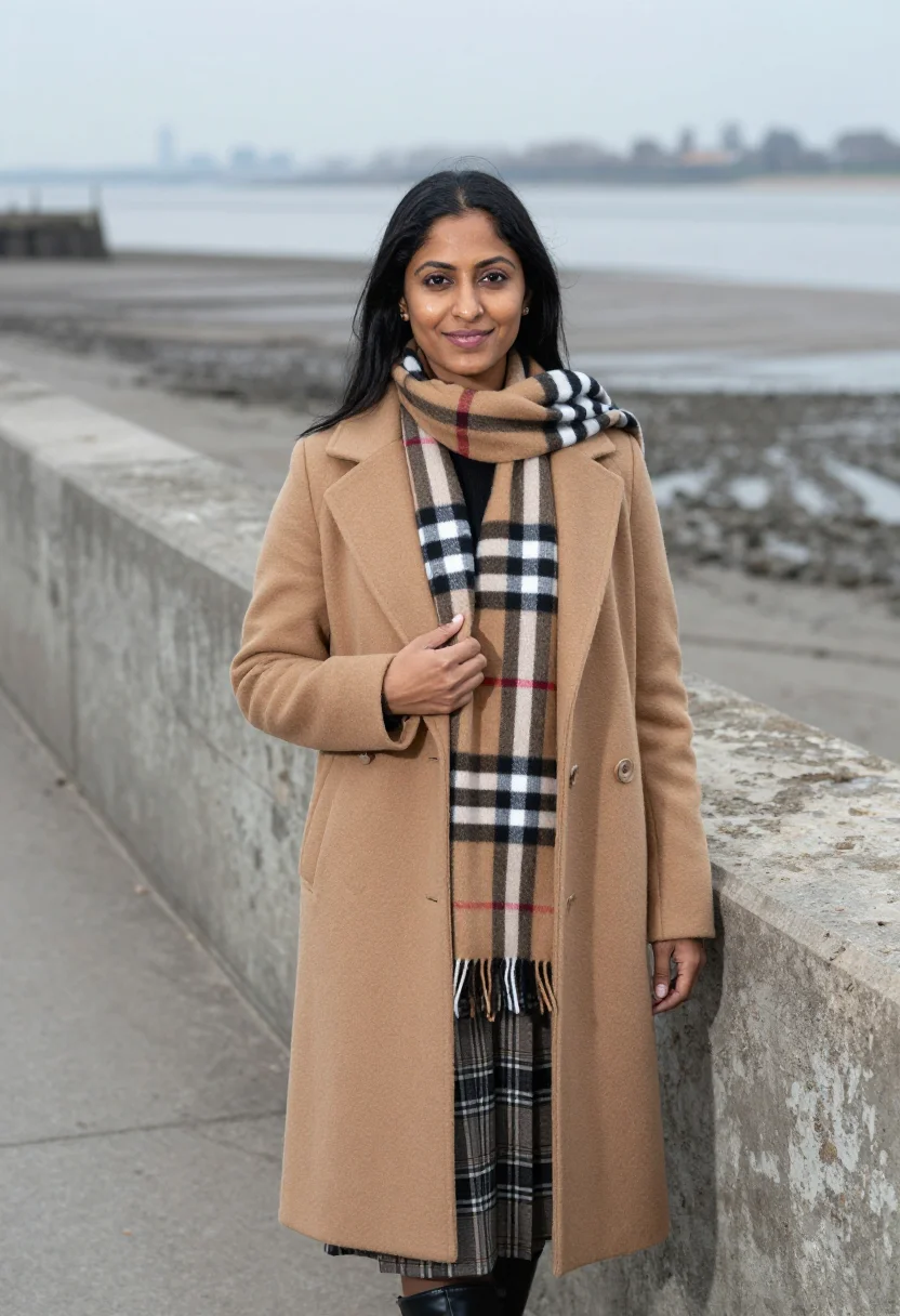 AI burberry thames estuary nova check palette sample — portrait of a woman, a British Pakistani woman in her early