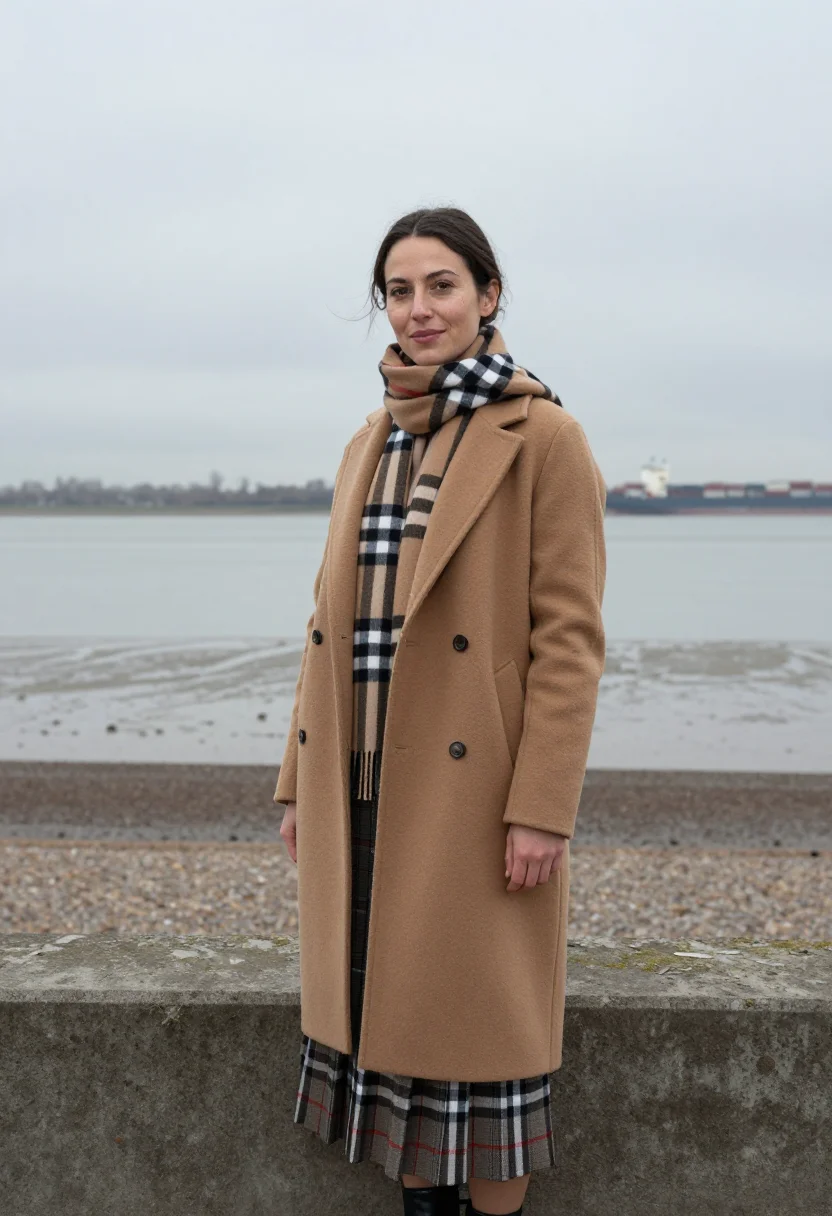 AI burberry thames estuary nova check palette sample — portrait of a woman, a French woman in her mid-thirties with