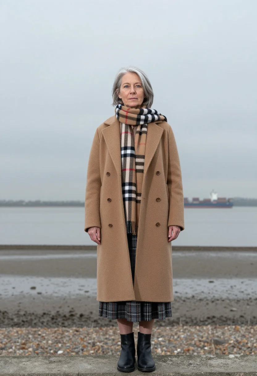 AI burberry thames estuary nova check palette sample — portrait of a woman, an English woman in her early fifties w