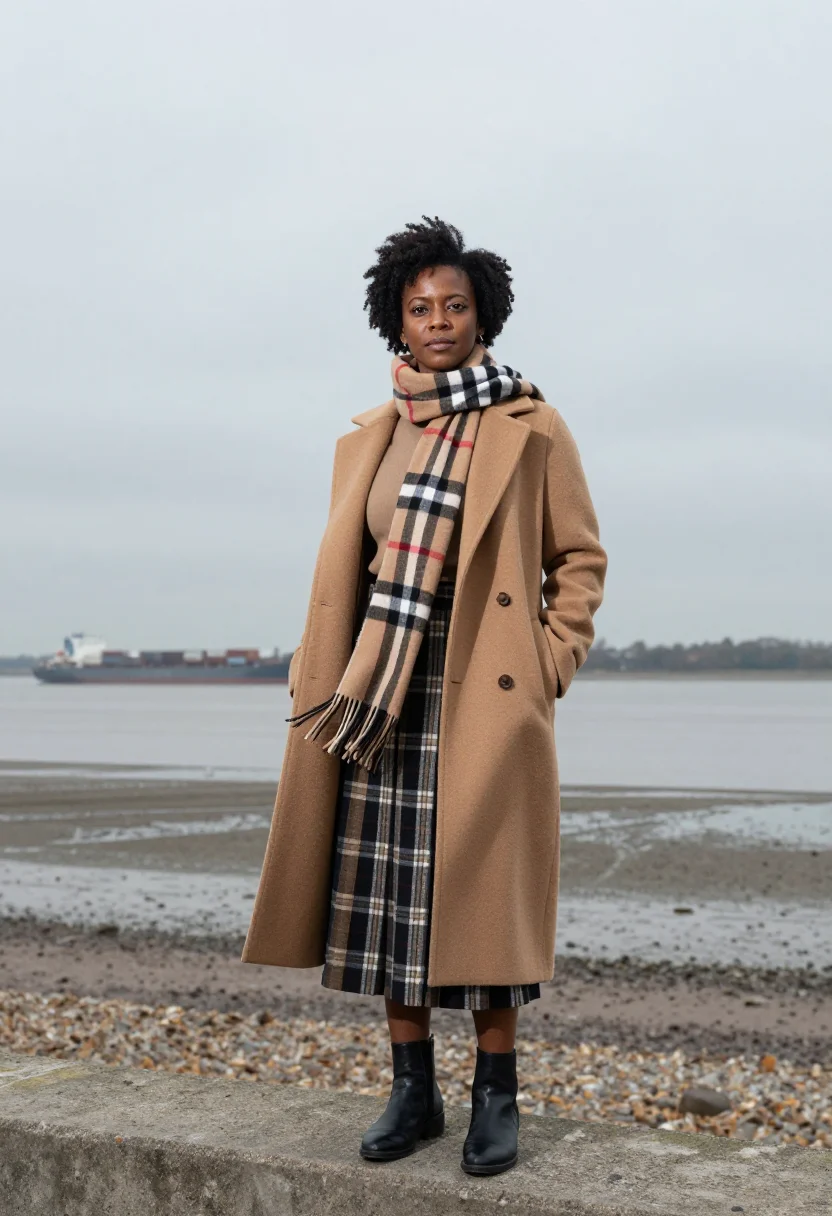 AI burberry thames estuary nova check palette sample — portrait of a woman, a British Caribbean woman in her early