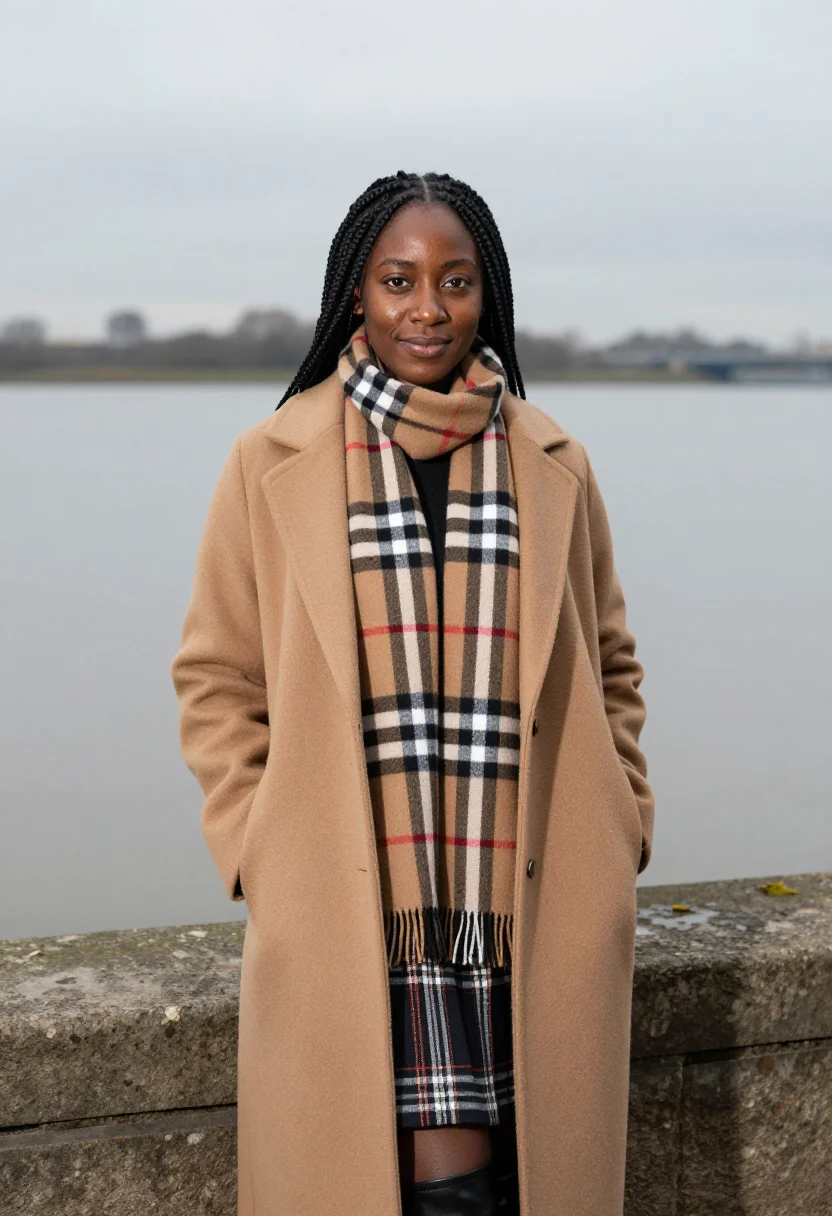 AI burberry thames estuary nova check palette sample — portrait of a woman, a British Ghanaian woman in her late tw