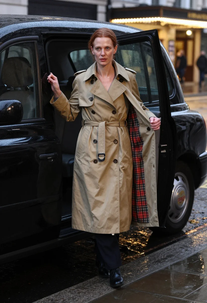 AI burberry trench sample — full-length portrait of a Western-European woman in her late