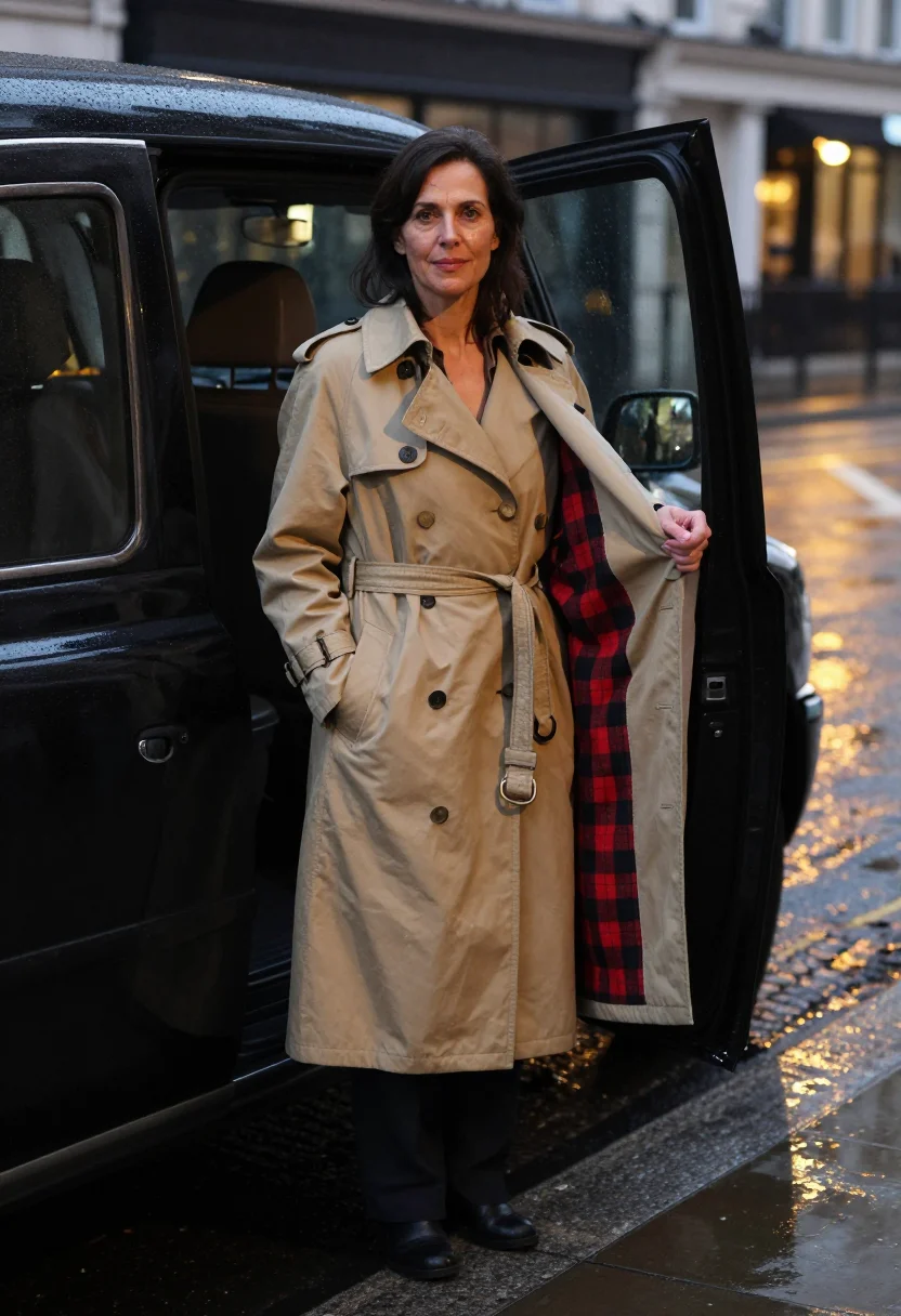AI burberry trench sample — half-length portrait of a Western-European woman in her fort