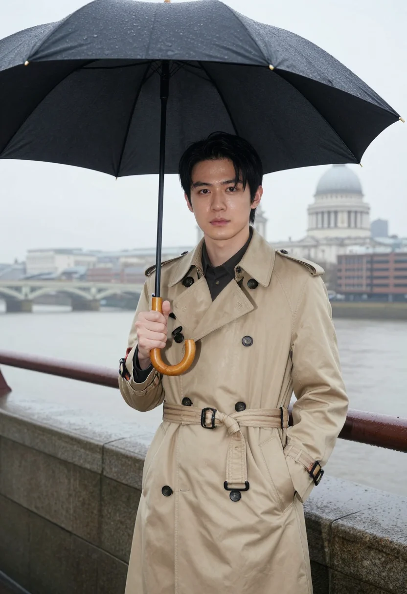 AI burberry trench sample — tight half-length portrait of a Chinese-British man in his l