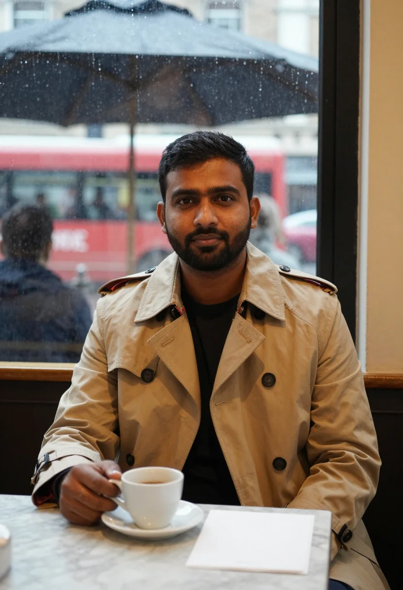 AI burberry trench sample — half-length portrait of an Indian-British man in his late th