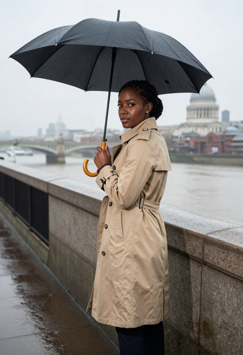 AI burberry trench sample — full-length portrait of a Black British woman in her thirtie