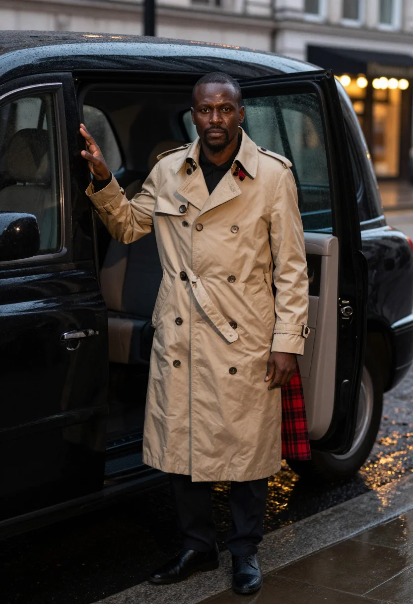 AI burberry trench sample — three-quarter-length portrait of a Nigerian-British man in h