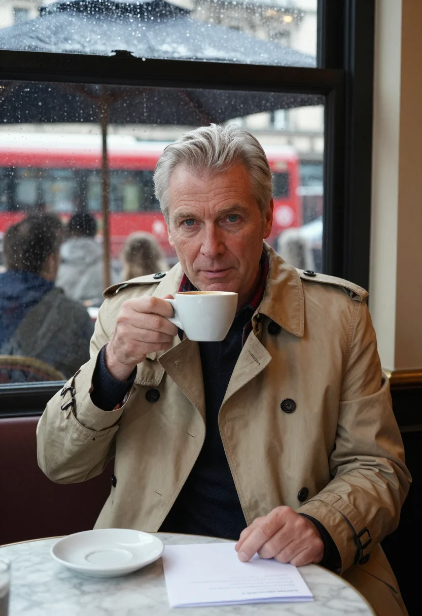 AI burberry trench sample — tight half-length portrait of a Western-European man in his
