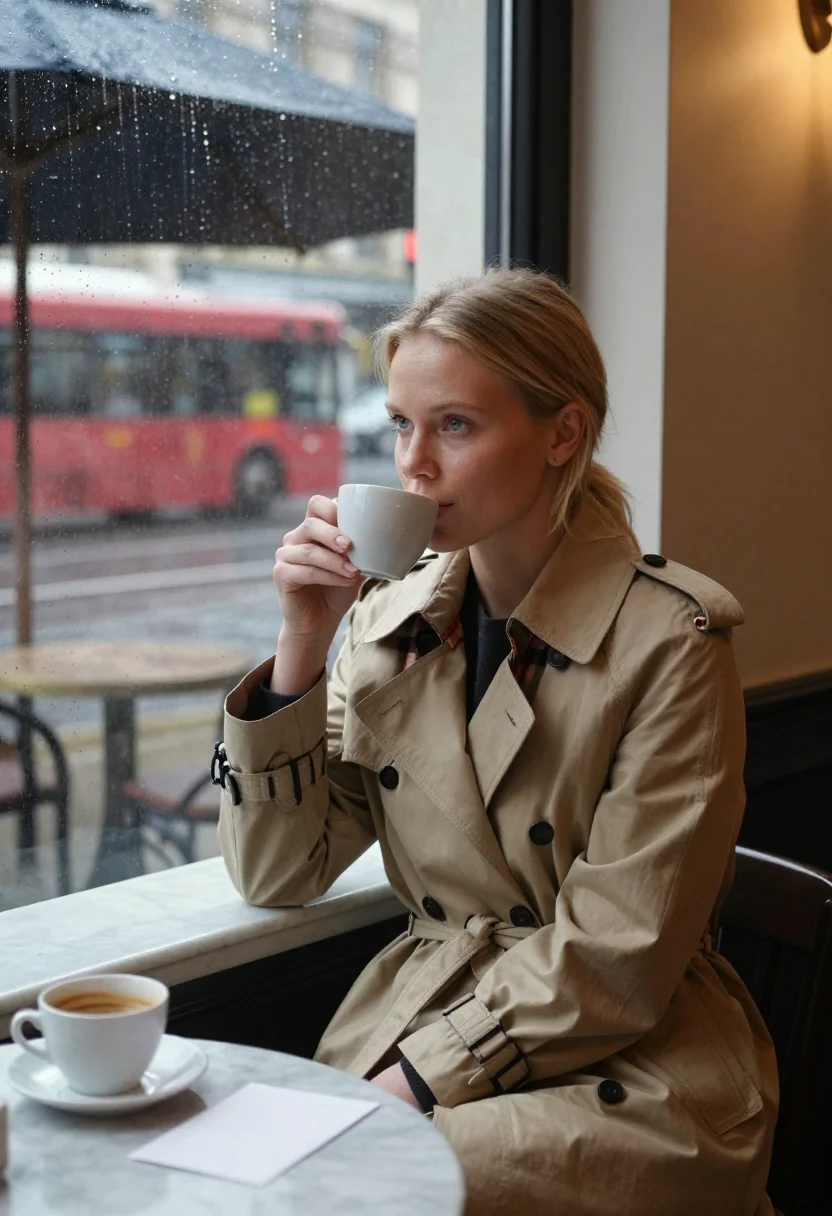 AI burberry trench sample — three-quarter-length portrait of a Scandinavian woman in her