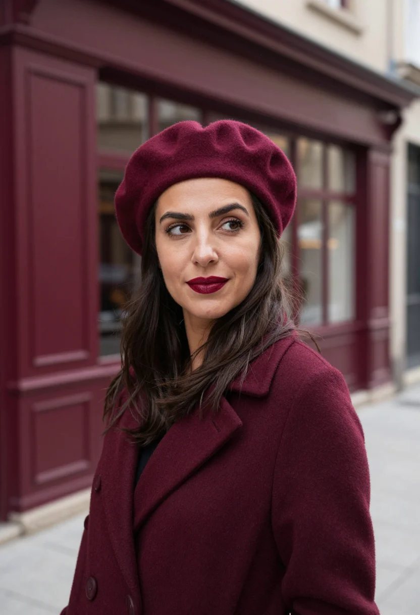 AI burgundy beret profile sample — portrait of a woman, framed tight, head and shoulders, the b