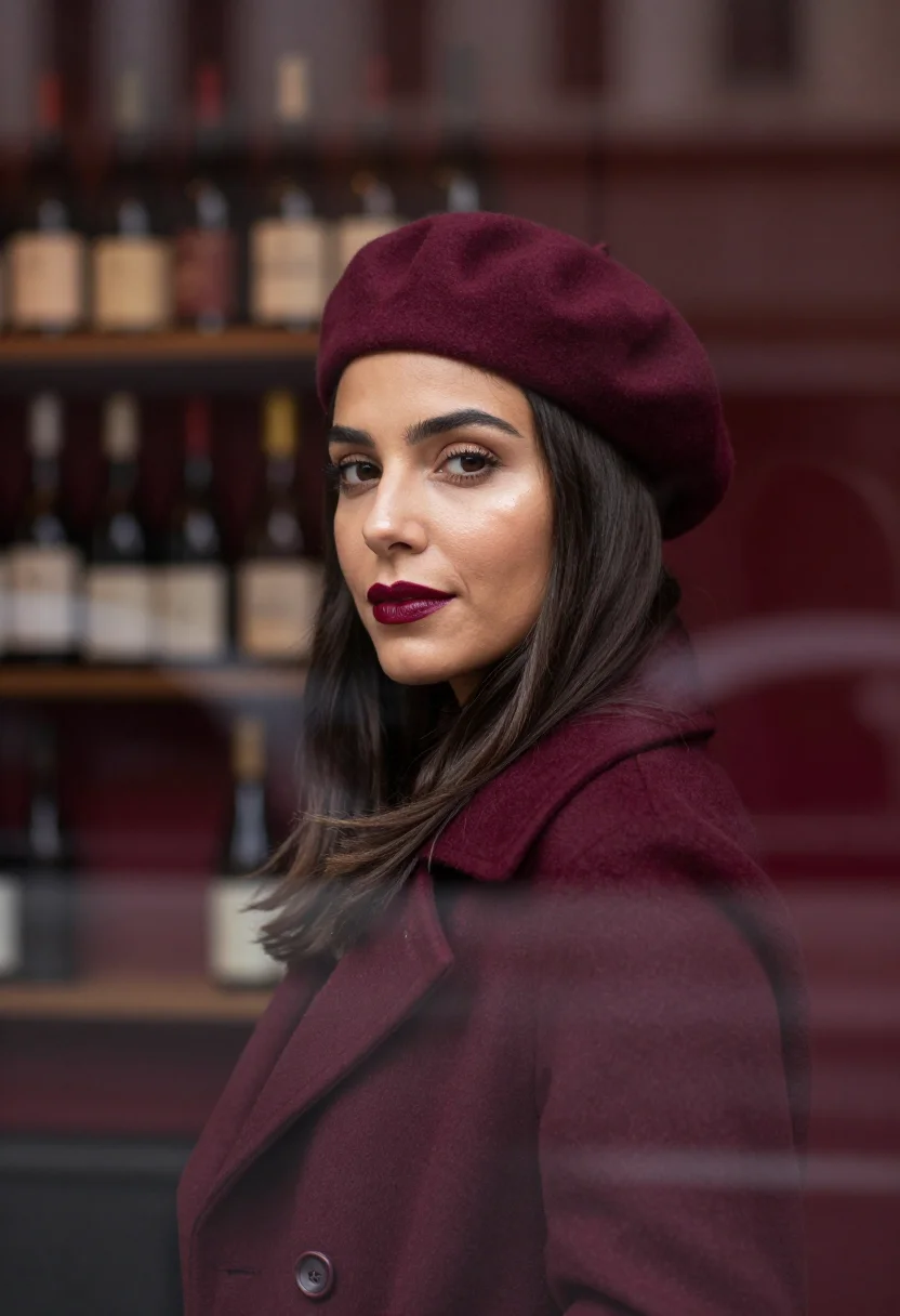 AI burgundy beret profile sample — portrait of a woman, framed tight, head and shoulders, the b