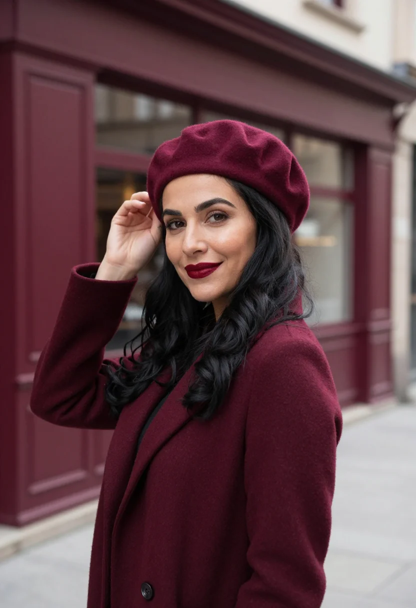 AI burgundy beret profile sample — portrait of a woman, framed chest-up, cropped at the ribs, t