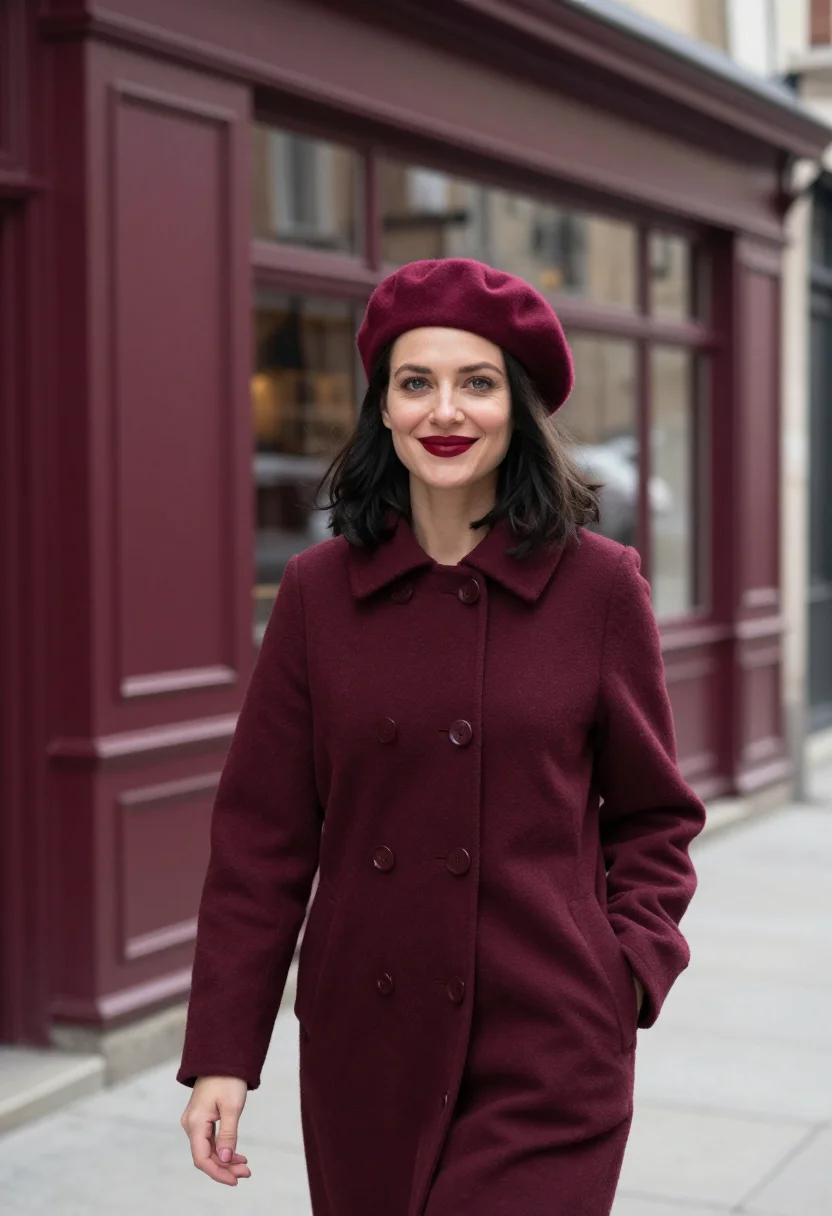 AI burgundy beret profile sample — portrait of a woman, framed half-length from the head to the
