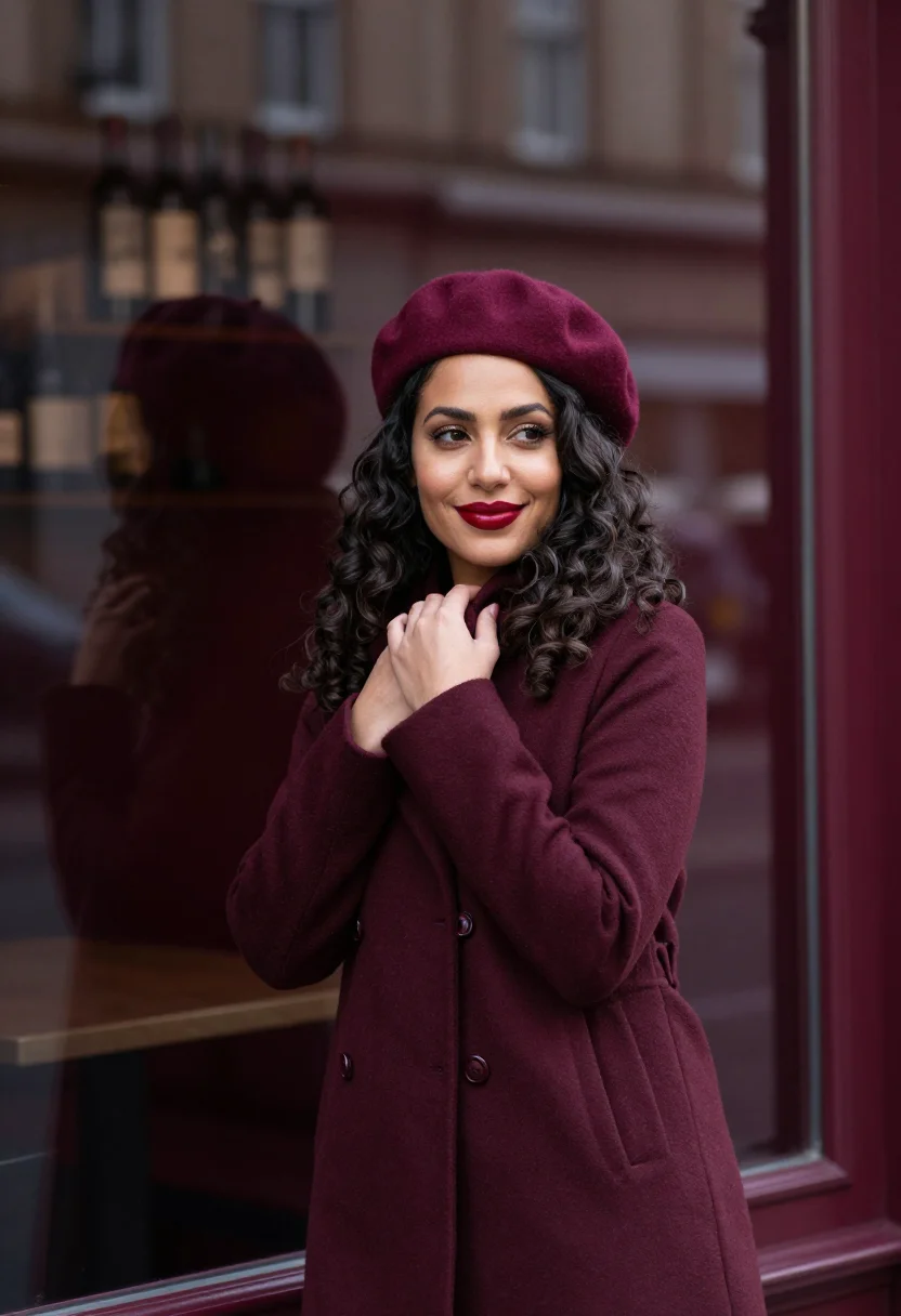 AI burgundy beret profile sample — portrait of a woman, framed half-length from the head to the