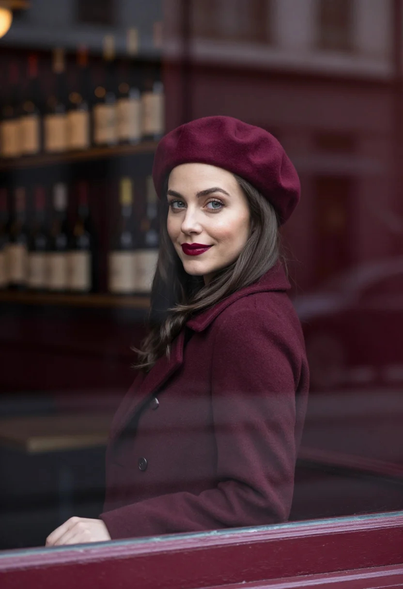AI burgundy beret profile sample — portrait of a woman, framed chest-up, cropped at the ribs, t