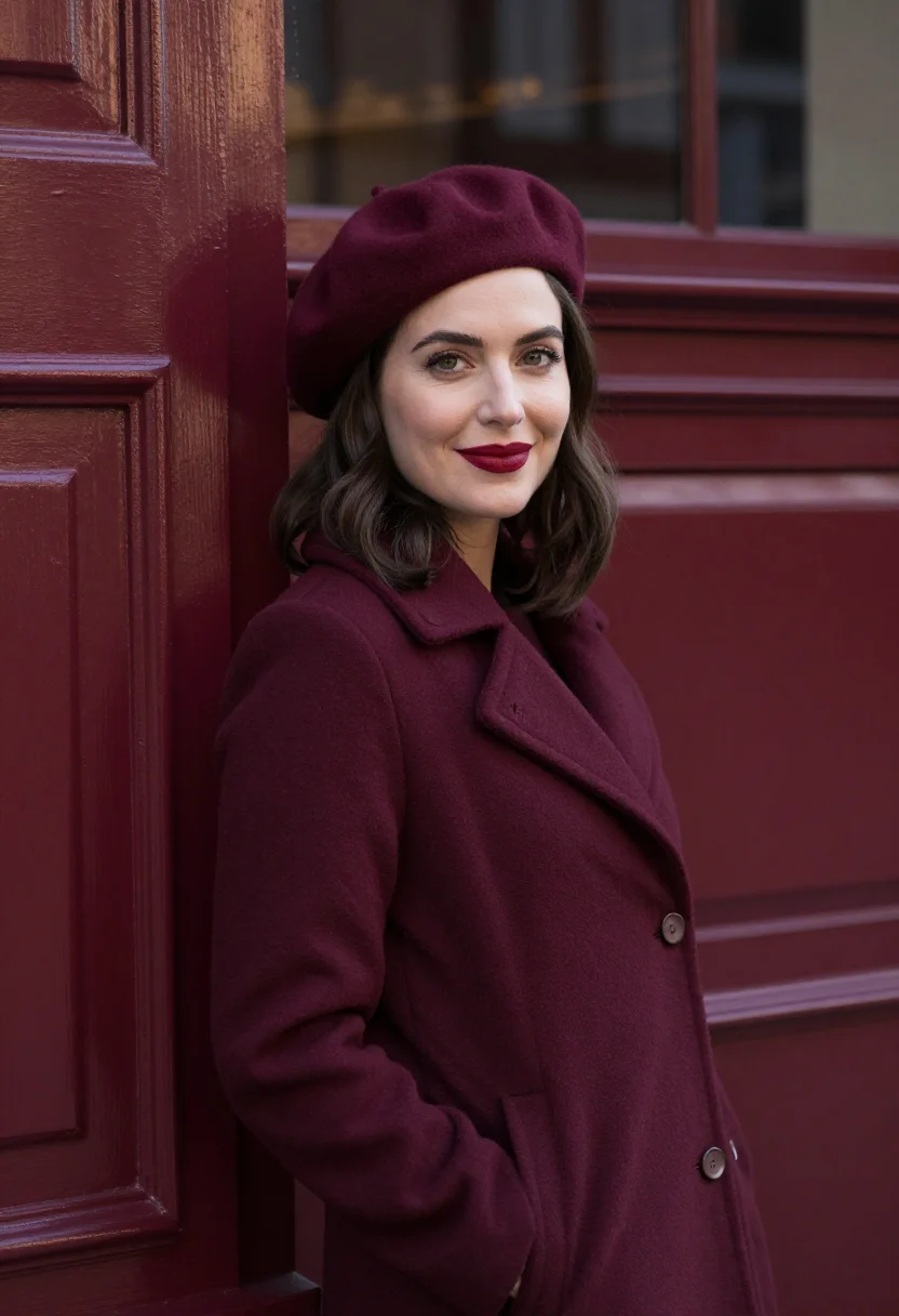 AI burgundy beret profile sample — portrait of a woman, framed three-quarter length from the he