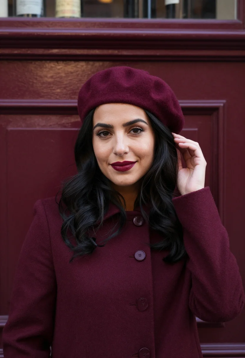 AI burgundy beret profile sample — portrait of a woman, framed chest-up, cropped at the ribs, t