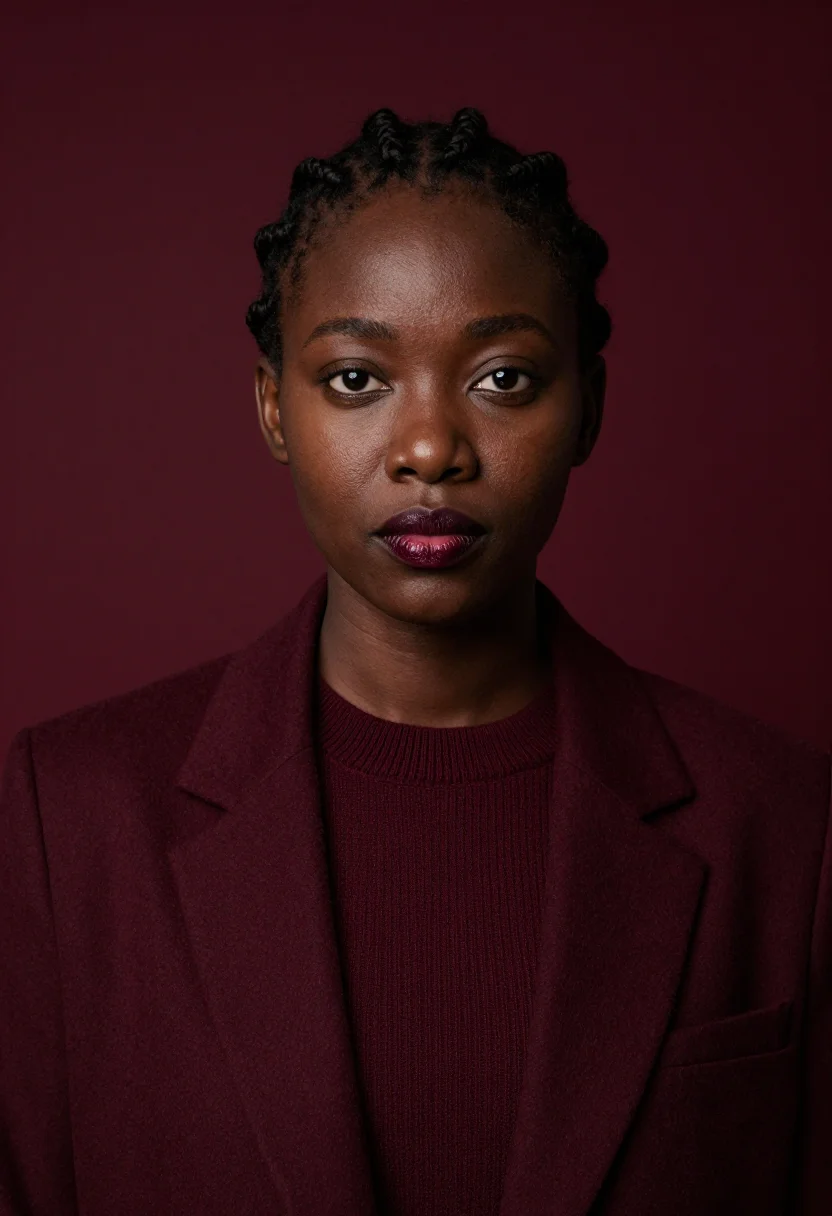 AI burgundy knit headshot sample — portrait of a woman, head-and-shoulders portrait of a Black