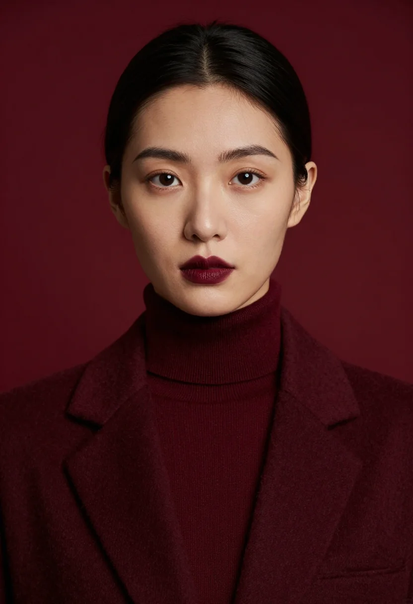 AI burgundy knit headshot sample — portrait of a woman, close headshot of an East-Asian woman i