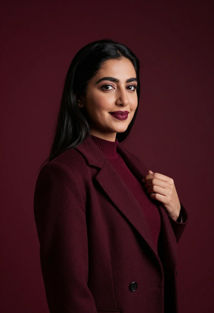 AI burgundy knit headshot sample — portrait of a woman, chest-up three-quarter portrait of a Mi