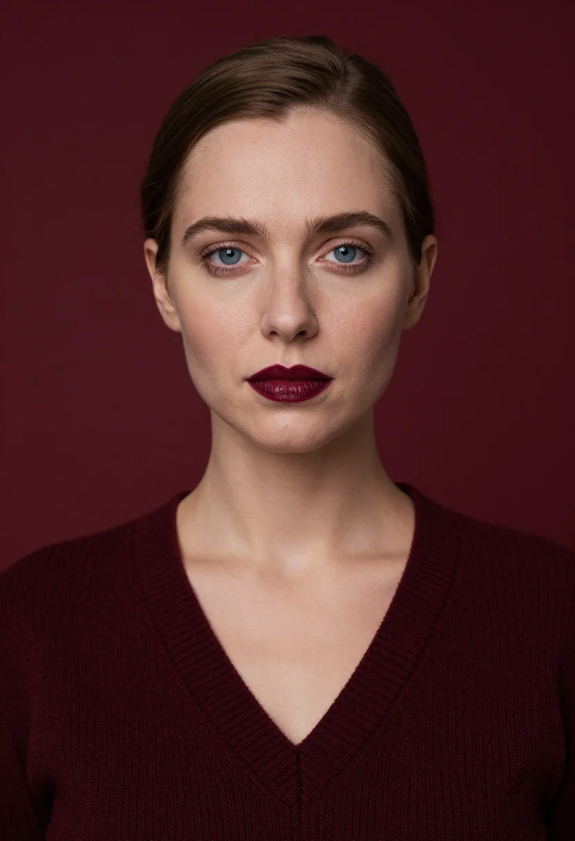 AI burgundy knit headshot sample — portrait of a woman, tight headshot of a Western-European wo