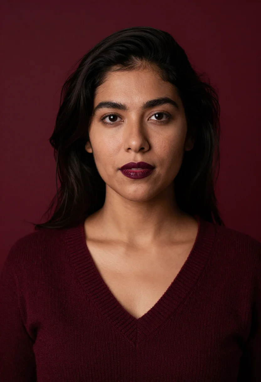 AI burgundy knit headshot sample — portrait of a woman, close headshot of a Latin-American woma