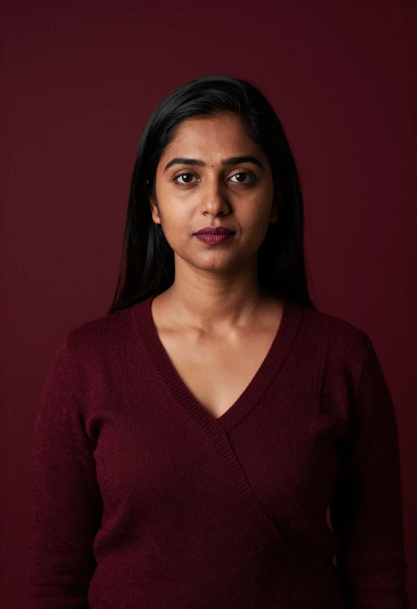 AI burgundy knit headshot sample — portrait of a woman, chest-up portrait of a South-Asian woma