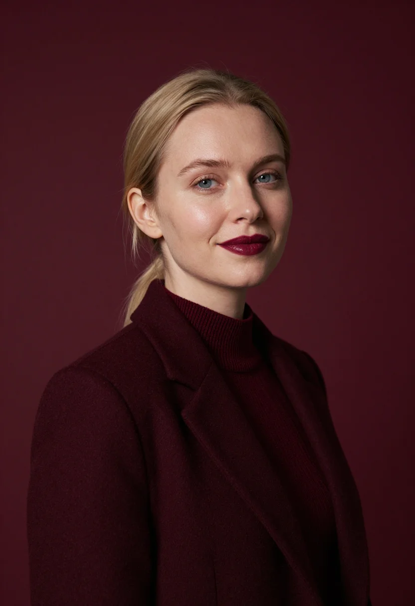 AI burgundy knit headshot sample — portrait of a woman, head-and-shoulders three-quarter portra