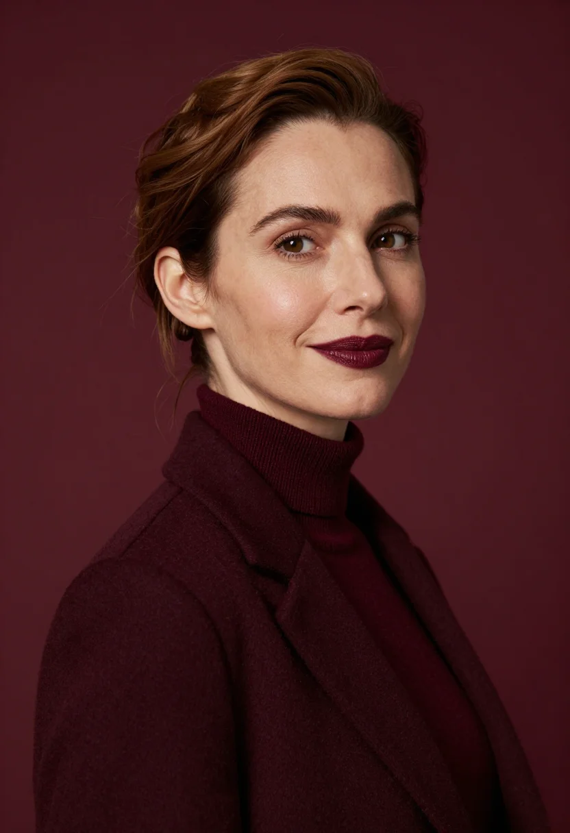 AI burgundy knit headshot sample — portrait of a woman, close headshot of a Western-European wo
