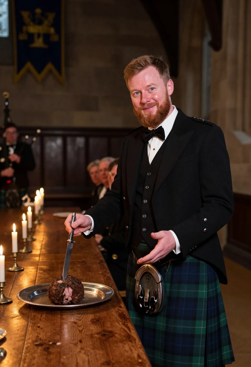 AI burns night sample — portrait of a man, in his late thirties with fair ruddy skin