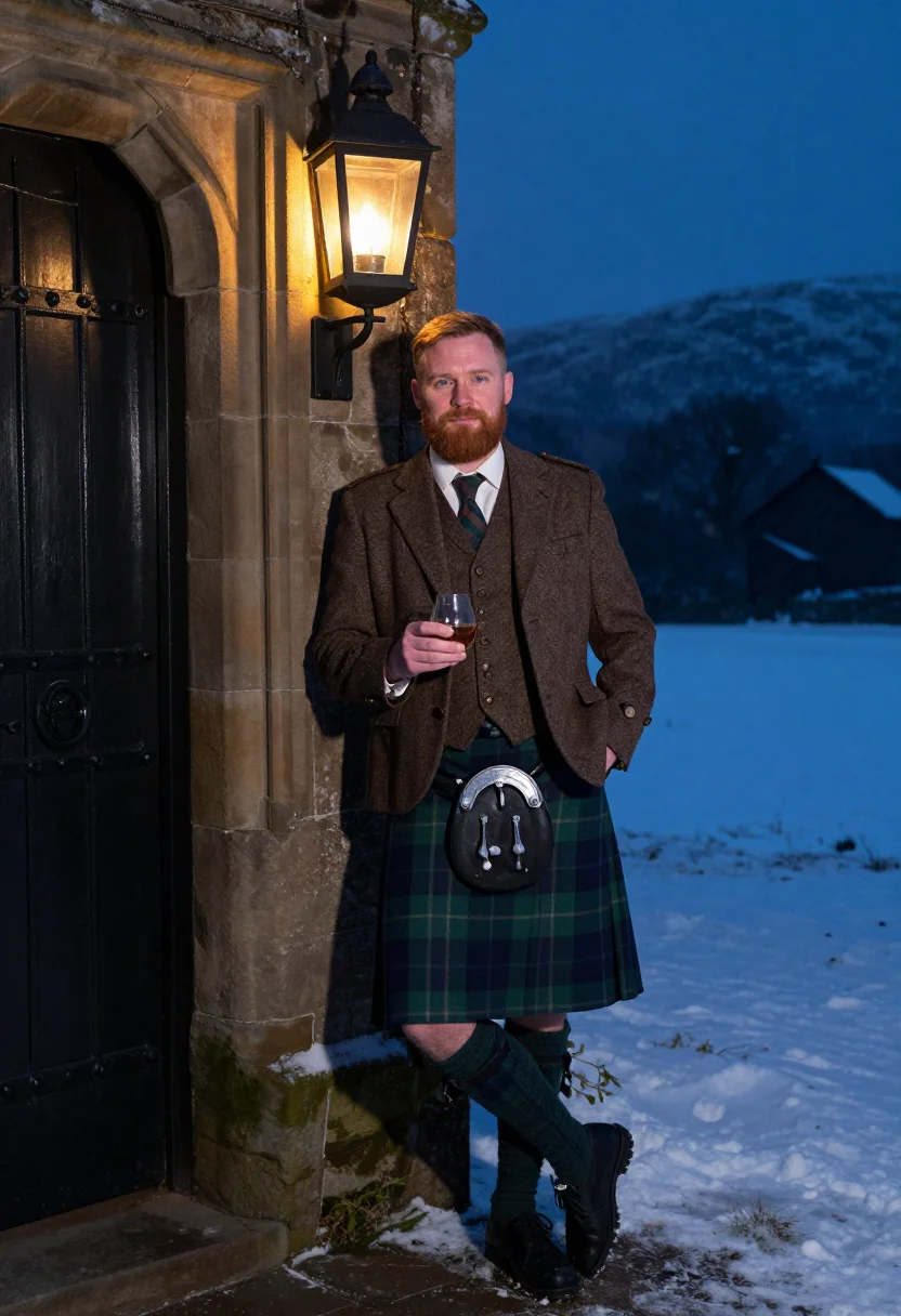 AI burns night sample — portrait of a man, in his late thirties with fair ruddy skin