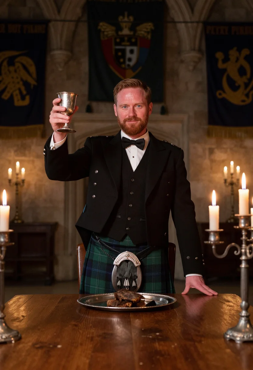 AI burns night sample — portrait of a man, in his late thirties with fair ruddy skin